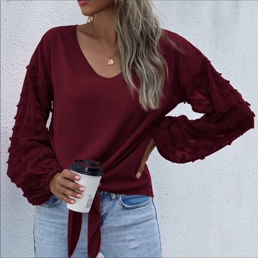 FINAL MARK-DOWN BURGUNDY CONTRAST SLEEVE TOP - Picture 5 of 7